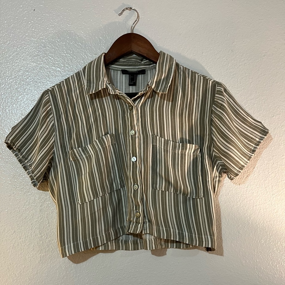 Cropped Striped Olive Green, White Button-Down Collared Shirt